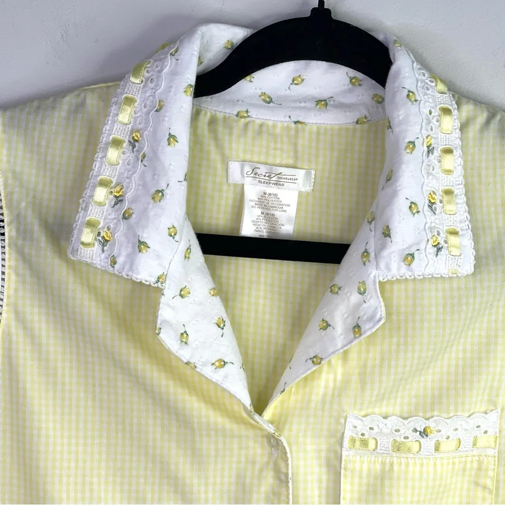 Secret Treasures Yellow and White Gingham Pajama Set With Flowers Size M - Picture 5 of 10